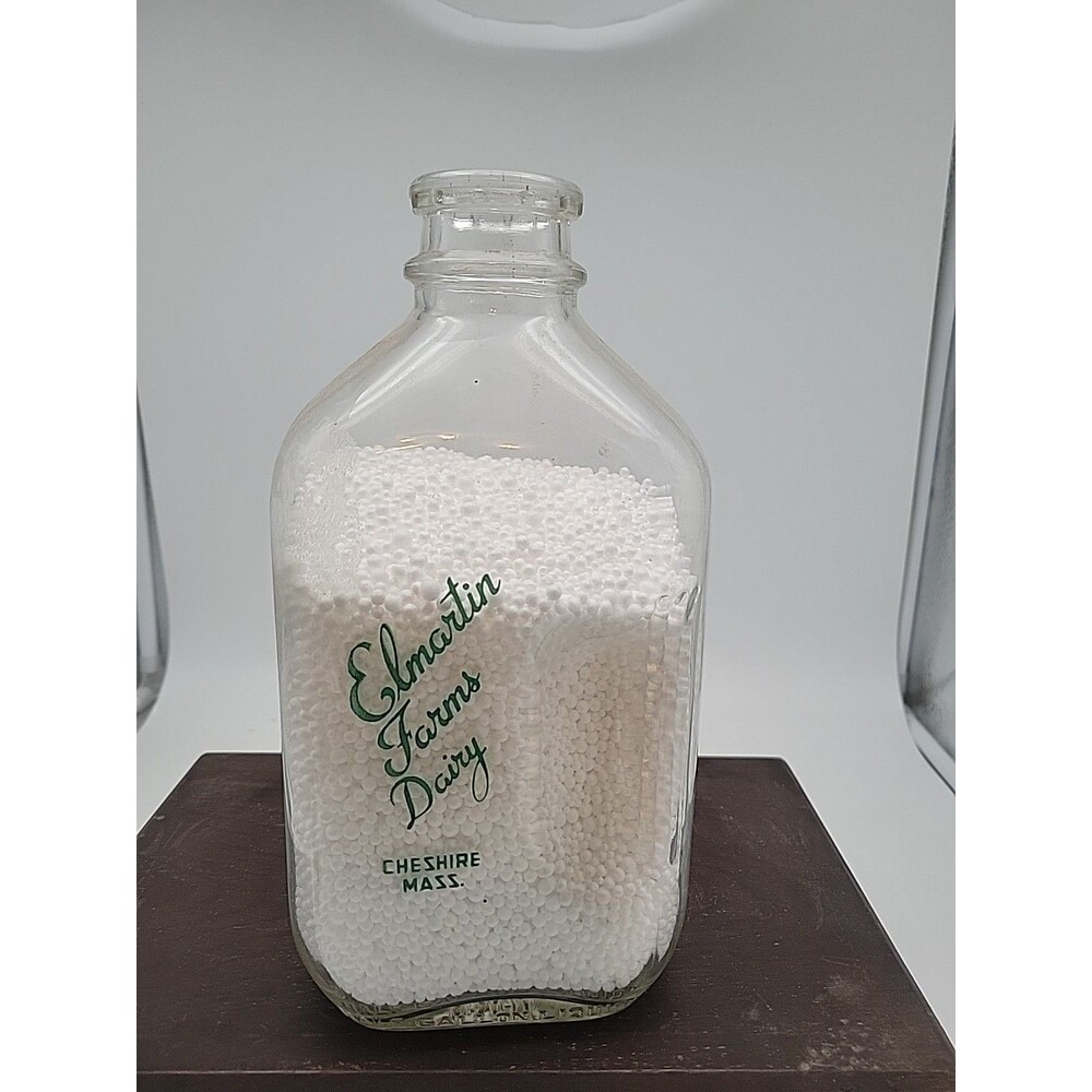 Vtg Elmartin Farms Dairy 1/2 Half Gallon Bottle Green Cheshire Mass MA